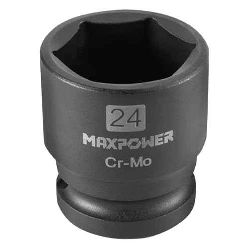 MAXPOWER 1/2 Inch Drive 24mm Standard Impact Socket, Made with Heat-Treated Chrome Molybdenum Steel, 6-Point Design, Metric