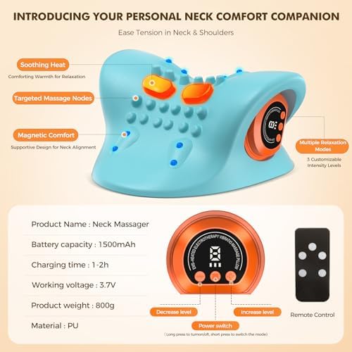 Portable Neck Traction Device, Cervical Stretcher with Heating & Vibration – Relieve Muscle Tension, 3-in-1neck pillow Customizable Massage Modes with Wireless Remote Control Ergonomic Design