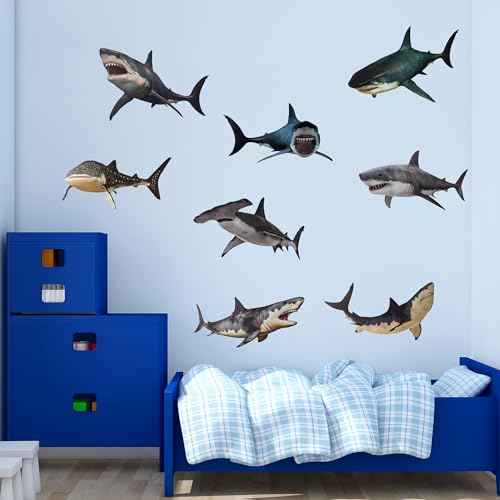8 Pieces of Shark Wall Stickers for Marine Animals, Easy to Peel and Post, Suitable for Children's Bedrooms, Classrooms, and Parties