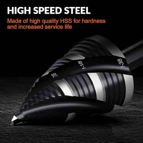 THINKWORK Four Spiral Flute Step Drill Bit, HSS Step Drill Bit3/16-1-3/8 (3 Popular Sizes) Unibit Step Drill Bit, 1/4" Shank Step Bits for Aluminum, Wood, Plastic, Metal