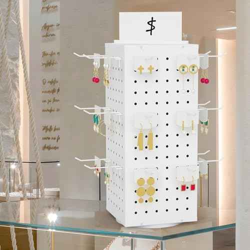 Rotating Pegboard Display Stand with 24 Hooks, Tabletop Metal Peg board Shelf for Craft Shows & Fairs, Retail Stores, Vendors Arts and Crafts Finishing - 4-Sided Craft Rack Organizer (White)