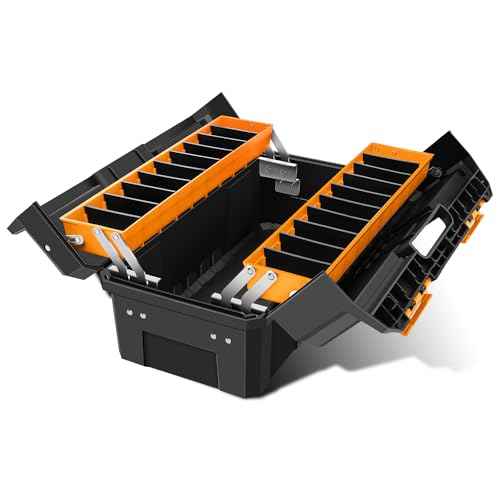 DNA MOTORING 2-Layer Lockable Tool Box Plastic Portable Storage Folding Toolbox Tray Divider Tool Organizers, W/Handle, Orange/Black, TOOLS-00503