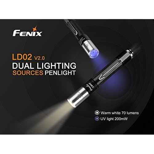 Fenix LD02 V2.0 70 lumen neutral white/UV pen-type LED flashlight bundle with AAA EdisonBright battery