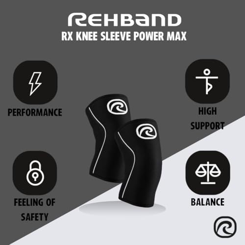 Rehband 7mm Power Max Knee Compression Sleeve for Strength Sports, Competition Grade, Neoprene Knee Sleeves for Bodybuilding & Heavy Powerlifting, Colour:Black - 1 Pair, Size:XX-Large