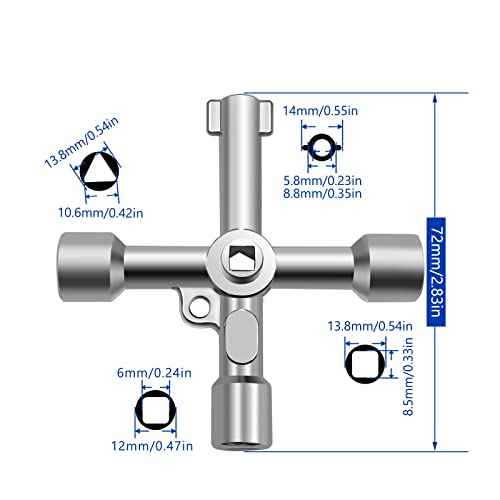 4-Way Multi-Functional Utility Key, 4 in 1 Universal Cross Key Stainless Steel Triangle Square Key for Water Gas Meter Valve Elevator Cabinet (Silver)