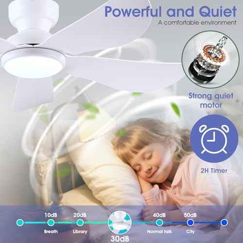 46 Inch Modern Ceiling Fans with Lights, Flush Mount Ceiling Fan with Light and Remote/APP Control, 5 Reversible 6 Speeds Curved Blades, 3 CCT Dimmable Lights for Bedroom, White