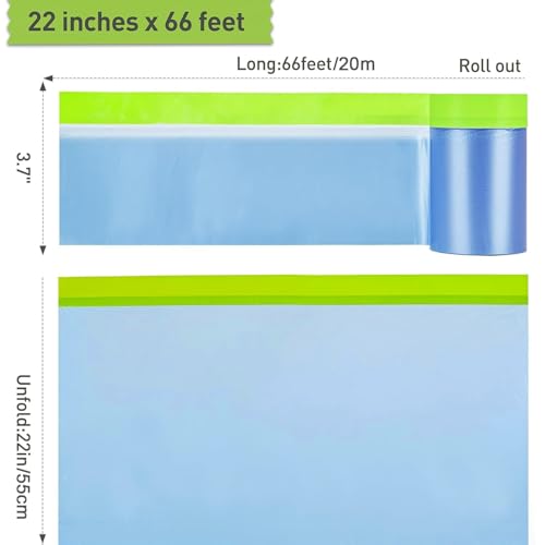 Pre-Taped Masking Film for Painting ? 22" x 66' Plastic Sheeting with Automotive Paint Tape, Easy Tear, No Residue ? Painter¡¯s Tape and Drape for Car, Wall, Window & Furniture Protection