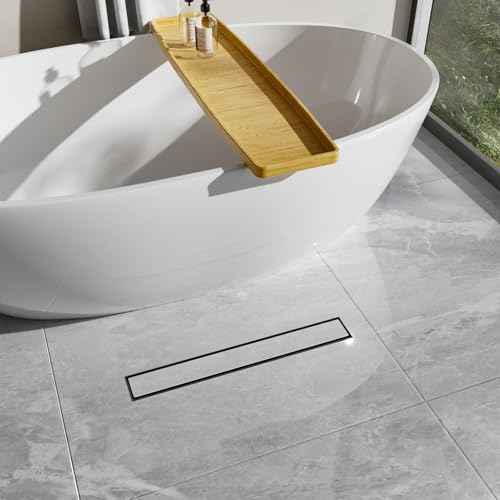24-Inch Linear Shower Drain with Tile Insert Grate, SUS 304 Stainless Steel Linear Drain, Matte Black Long Rectangle Shower Floor Drain with Leveling Feet, Hair Strainer, Fits Bathroom