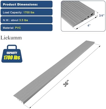 LIEKUMM 3/4" Rise PVC Threshold Ramp for Doorways, 1700 Lbs Capacity, Self-Adhesive Transition Ramp for Wheelchairs, Strollers, and Scooters, Cuttable, Grey