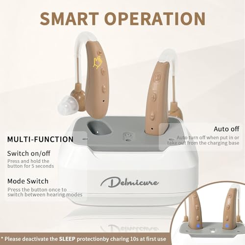 Hearing Aids for Seniors, Rechargeable Hearing Amplifiers for Seniors with Noise Cancelling, Delmicure Hearing Amplifiers for Adults with Adjustable Volume& Charging Base, Brown