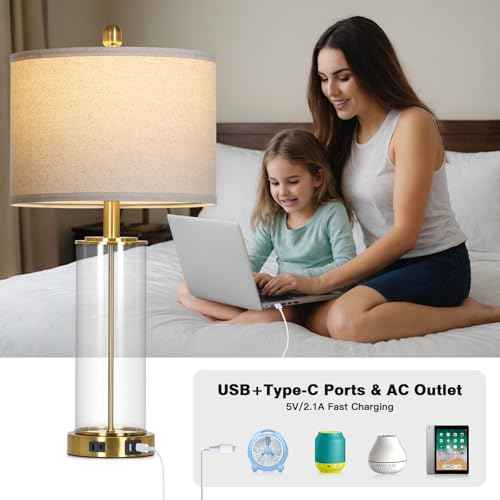 26" Gold Glass Table Lamp for Living Room Single, 3-Way Dimmable Touch Control Bedroom Lamps with USB C+A Ports & AC Outlet, Modern Bedside Lamp for Nightstand Side End Table (Bulb Included)