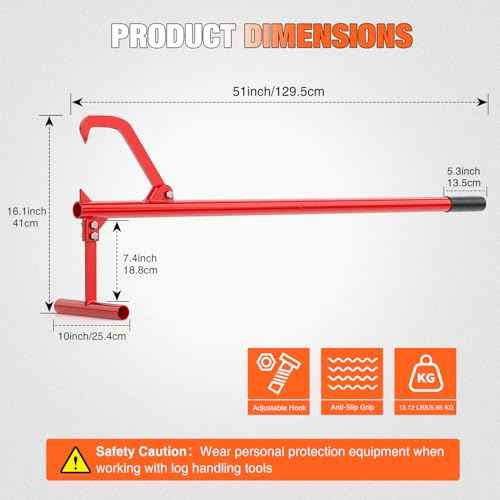 Yesker 51" Cant Hook for Log Roller Logging Tools with Adjustable Steel Cant Hooks Rubber Grip Heavy Duty Timberjack Log Lifter Mover Jack Firewood Tools for Rolling Raising up to 15" Diameter, Red