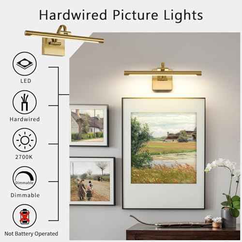 Brass Picture Lights for Wall Hard-Wired LED Picture Lighting Dimmable Art Light Gallery Lighting for Wall Portraits Artwork 15.75 inch 7W Warm White