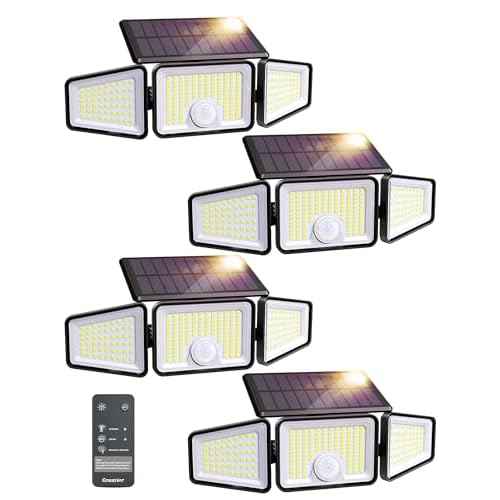 Ensenior Motion Sensor Outdoor Lights, 220 LED IP65 Waterproof Solar Security Light with Remote Control, 3 Heads Solar Flood Light Outdoor with 4 Modes, 270¡Æ Wide Angle Motion Light for Outside -4Pack