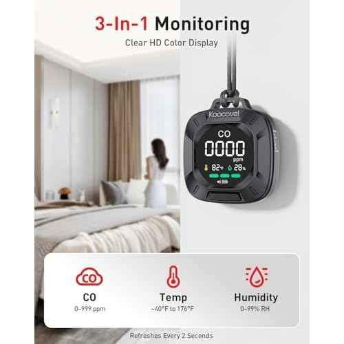 Portable Carbon Monoxide Detector Travel, Rechargeable 3-in-1 CO, Temperature & Humidity Meter, Custom Alarm Thresholds, 240h Standby, for Hotel Room, Camping, Outdoor Black