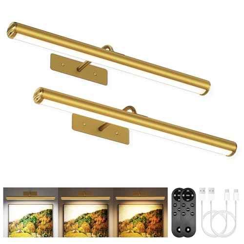 EZVALO Picture Lights for Wall, 16'' Rechargeable 6000mAh Painting Lights with Remote, Wireless Dimmable 3 Color Temperatures Art Lights for Gallery, Living Room, Hallway (Gold, 2Pack)