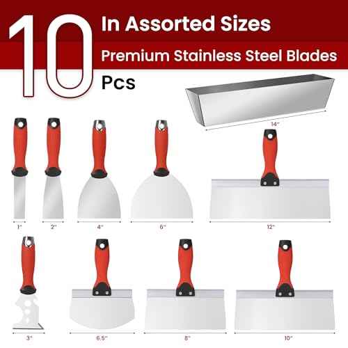 10Pcs Drywall Tool Kit, Stainless Steel Putty Knife Set with 1"-6" Knives, 8"-12" Taping Knives, 9-in-1 Painter Scraper, 12" Mud Pan & 6" Scoop for Drywall Taping, Finishing, and Patching