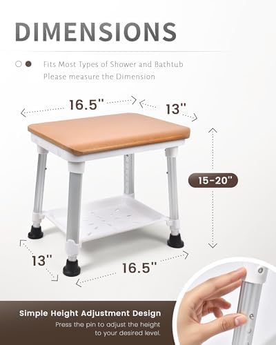 Sangohe Shower Chair for Inside Shower, Shower Chair with Wood Seat Board and Back, Height Adjustable Shower Stool for Elderly and Disabled, 400 lbs Heavy Duty Shower Seat for Seniors, 796D-B