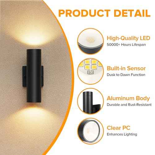 LUTEC Dusk to Dawn Outdoor Wall Lights, 16W Integrated LED Cylinder Up-Down Sconce, 3000K Waterproof Aluminum Exterior Lighting, Matte Black Modern Porch and Entryway Wall Light Fixture, 2 Pack