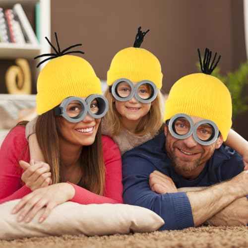 3Pcs Halloween Costume Accessories Adults Steampunk Goggles Glasses Yellow Beanie Hat Black Gloves for Men Women Halloween Cosplay Party