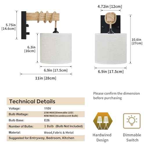 Boho Wall Sconces Set of Two, Hardwired Farmhouse Fabric Wall Lamps with Wooden Arm & On/Off Dimmable Switch,Rustic Indoor Wall Mount Light Fixtures for Bedroom Nursery Living Room Bathroom