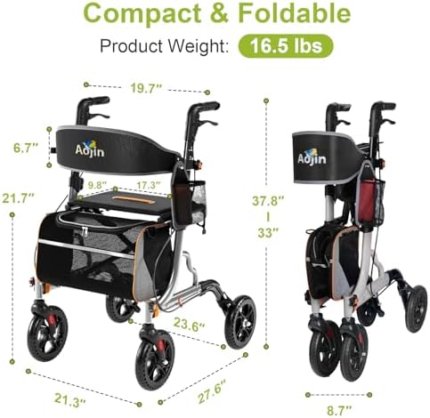 Rollator Walkers for Seniors with Seat, Foldable Walkers for Senior, 8" All-Terrain Wheels, 18" Big Seat, 6-Level Adjustable Height Rolling Walker, 350 lb, Walker for Seniors & Adults (Sliver)