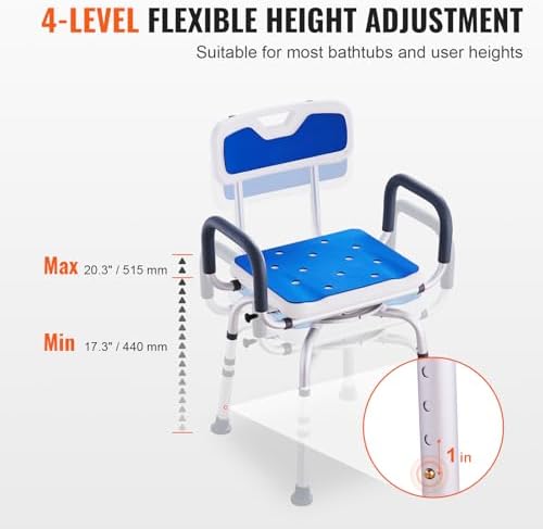 VEVOR Swivel Shower Chair 360 Degree, Adjustable Shower Seat with Armrests and Backrest for Inside Shower or Bathtub, Non-Slip Rotating Bathtub Chair Seat for Elderly Disabled Injured, 400lbs Capacity