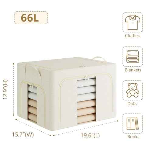 Pinkpum 3 Pack Clothes Storage Bins with Metal Frame, Closet Organizers and Storage Boxes, Stackable & Foldable Clothes Organizer Bags with Large Clear Window & Long Carry Handles, Beige 66L