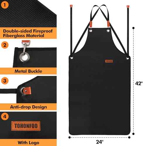 TOHONFOO Welding Apron Fireproof, 24'' x 42'' Double Side Silicone Coated Fiberglass Welding Apron for Men Welders, Fireproof Waterproof Welding Work Apron, Easy to Clean, Black