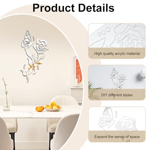 1 Set 3D Rose Mirror Wall Stickers, Acrylic Adhesive Removable Silver Wall Decor, Family Floral Art Mirror Decals Peel and Stick for Bathroom Home Living Room TV Background Sofa Backdrop Bedroom