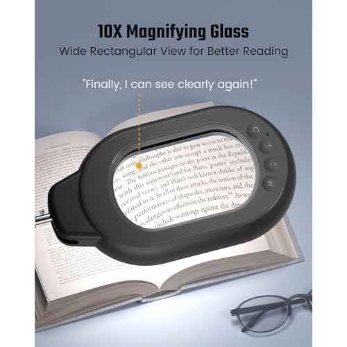 Magnifying Desk Lamp, 10X Square Magnifying Glass with Light and Stand, Dimmable LED Magnifier Lamp with Clamp and Base, Adjustable Swing Arm Light for Close Work, Reading, Crafting, Black