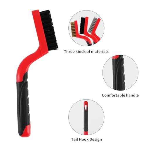 A A IN Wire Brush Set,6 Pcs Brass/Stainless Steel/Nylon Wire Brushes for Cleaning with Curved Handle Grip for Rust Removal, Dirt, Paint Scrubbing,7 Inches (Red)