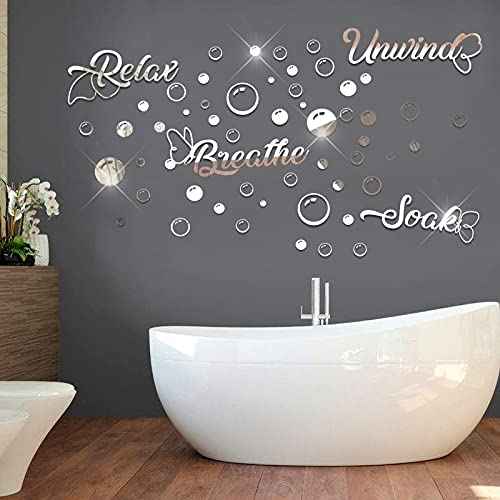 60 Pieces 3D Acrylic Mirror Wall Stickers Decor, Bathroom DIY Removable Mirror Wall Decals Sticker Decor Circle Bubbles for Bathroom Bedroom Living Room Home Decoration (Silver)