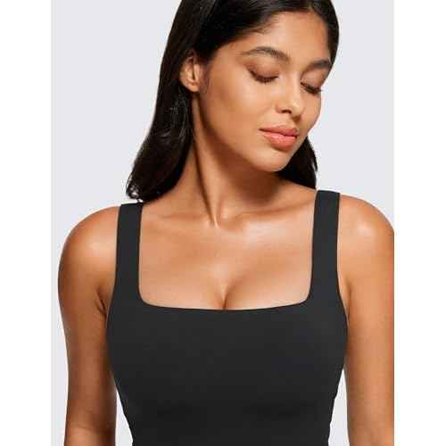 CRZ YOGA Womens Butterluxe Square Neck Longline Sports Bra - Workout Crop Tank Tops Padded Yoga Camisole with Built in Pads