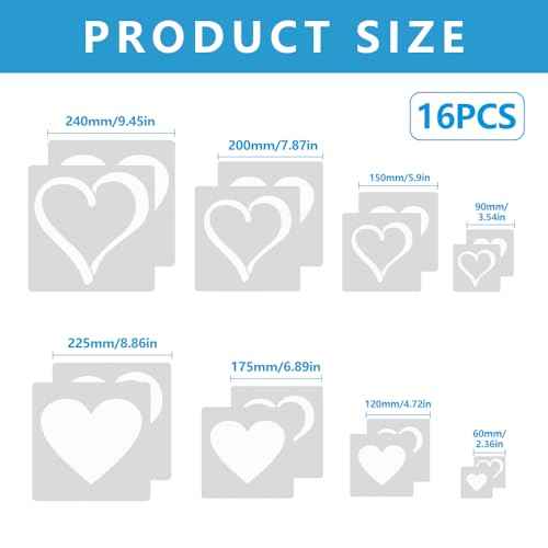 16 Pcs Heart Template for Crafts, Painting Stencils Template, PET Heart Shaped Templates, Wall Stencils for Crafts Reusable DIY Drawing Wall Furniture Home Decoration