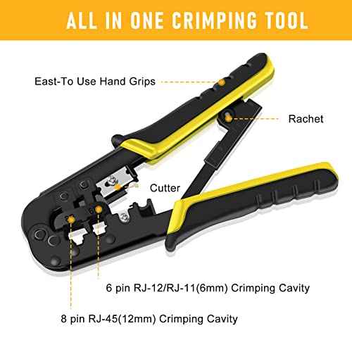 RJ45 Crimp Tool Kit for Cat5 Cat5e Cat6 Modular Plugs Connectors, RJ-11, 6P/RJ-12, 8P/RJ-45 Network Crimping Tool, Modular RJ45 Crimper Strip, Cut, Crimp, All-in-One