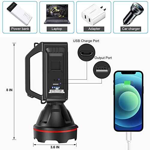 Rechargeable Spotlight Flashlight, High Lumens Handheld Spotlight,LED Searchlight with Shoulder Strap and USB Output for During Hurricane,Emergency, Storms,Hunting, Hiking, Camping(Black Pack of 2)