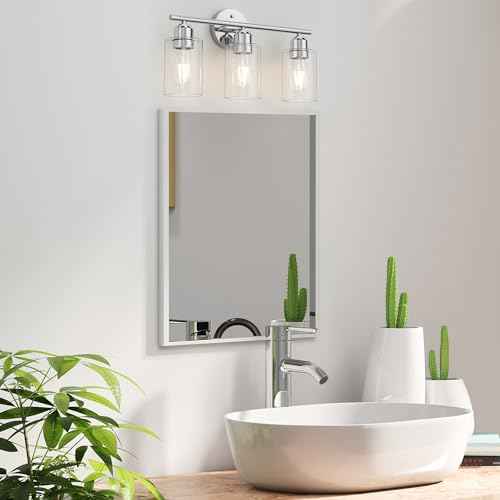 Espird Bathroom Vanity Light Fixtures Polished Chrome Bathroom Lighting Fixture, 3 Lights Bathroom Light Fixture Over Mirror, Modern Black Vanity Light, Wall Sconces with Glass Shades