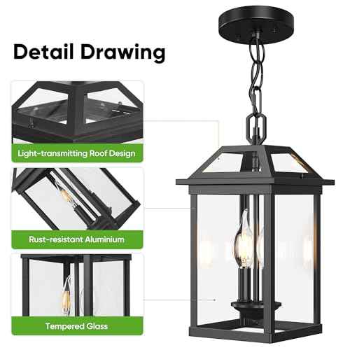 WIHTU Large Outdoor Pendant Light with 2 Bulbs, 14.96" Modern Hanging Lantern Ceiling Mount, Waterproof Outside Chandelier Exterior Hanging Fixture with Tempered Glass for Porch