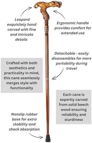 Hand Carved Wooden Walking Cane with Ergonomic Handle and Rubber Tip for Men and Women - Fashionable Unique Walking Stick for Seniors - 37 inch