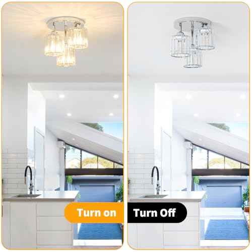 Crystal Ceiling Light Fixture, Chrome Semi Flush Mount Ceiling Light Fixture, 3-Light Hallway Lighting with Clear Crystal Shades for Kitchen Entryway Bedroom Bathroom Foyer, E26