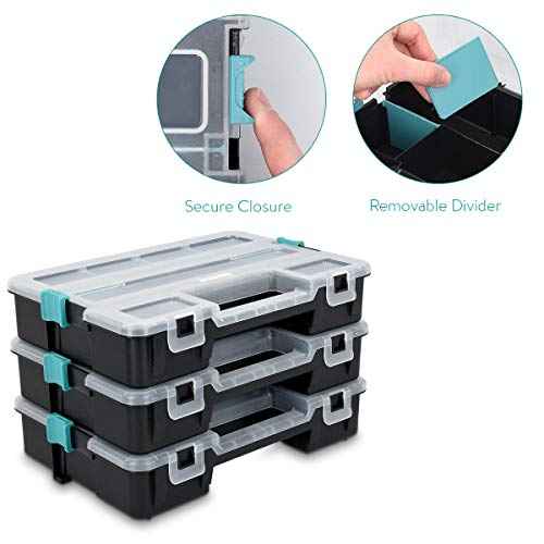 Navaris Plastic Storage Box - Stackable Organizer Case with Adjustable and Removable Divider Compartment for Tools, Small Items, Jewelry - 3 Boxes