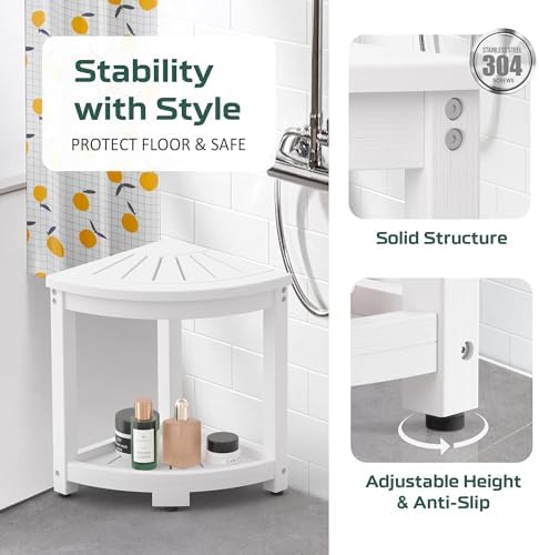 Corner Shower Stool for Inside Shower, HIPS Waterproof Shower Bench Seat Chair, Plastic Bath Shower Stool for Shaving Legs Foot Rest with Storage Shelf, Adjustable & Non-Slip Feet, White