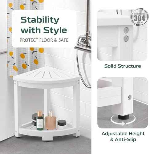 Corner Shower Stool for Inside Shower, HIPS Waterproof Shower Bench Seat Chair, Plastic Bath Shower Stool for Shaving Legs Foot Rest with Storage Shelf, Adjustable & Non-Slip Feet, White