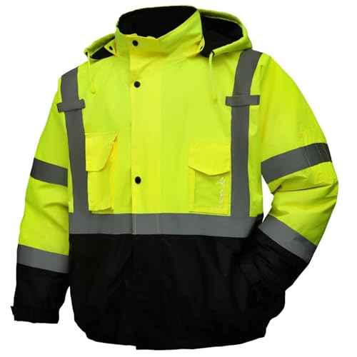Safety jacket for men,Reflective high Visibility Hooded jacket,Hi-Vis Bomber Jacket with Pockets and Zipper,Waterproof,Black Bottom,ANSI/ISEA 107-2020 Type R Class 3,Lime