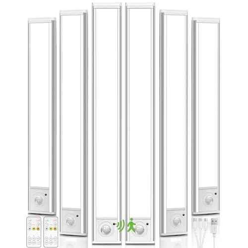 6Pack 16inch Under Cabinet Lighting, Rechargeable Motion Sensor Light Indoor, Wireless Remote Light, Dimmable 3 Color Temps Closet Lights, Under Counter LED Lights for Kitchen, Stairs
