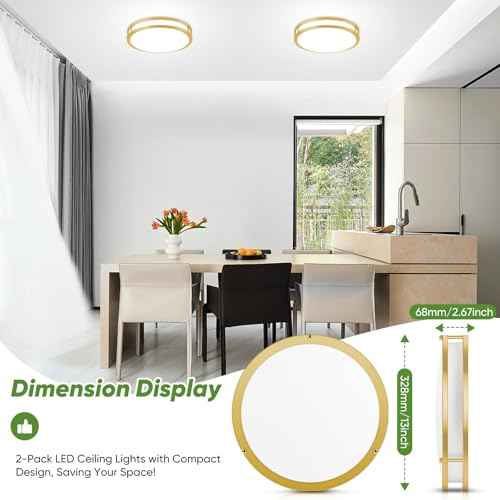 13 Inch Flush Mount Light Fixtures, 2-Pack Gold LED Ceiling Lights with 2700K/3000K/4000K/5000K/6500K 5 Color Temperatures, Modern Round LED Lights for Kitchen Bedroom Bathroom Living Room Closet