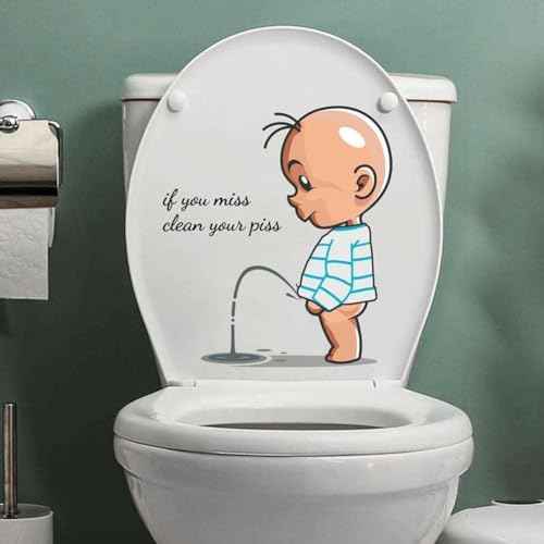 If You Miss,Clean Your Piss Toilet Sticker-Baby Pee Pattern Self-Adhesive Toilet Lid Sticker- Funny Toilet Seat Sticker Bathroom Wall Decal -Art Sign Decor Toilet Lid and Tank Decals 11.4x11.2in