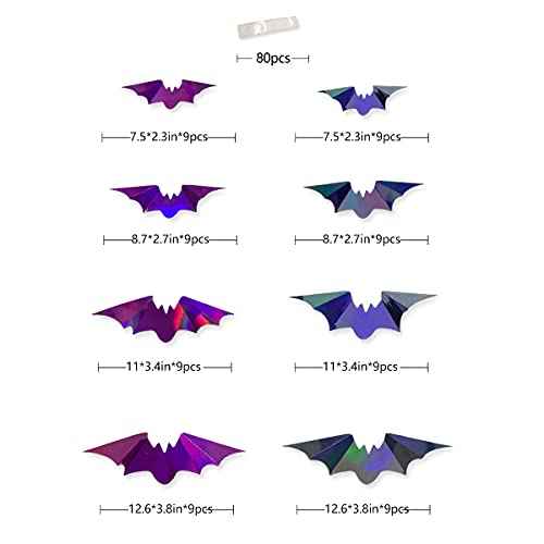 72Pcs Bats Halloween Decoration Iridescent 3D Bats Wall Decor Black Purple Holographic Paper Decorative Bat Wall Art Decals Stickers Spooky Bats for Halloween Home Room Decor Party Decoration Supplies