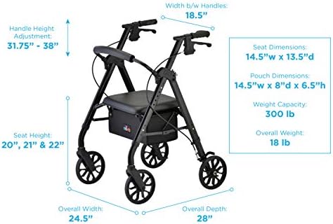 NOVA Star 8 Rollator Walker with Perfect Fit Size System, Lightweight & Foldable, Easy to Lift & Carry, Great for Travel, Color Black